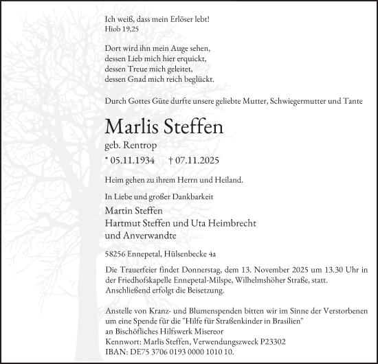 Traueranzeige von Marlis Steffen von Tageszeitung