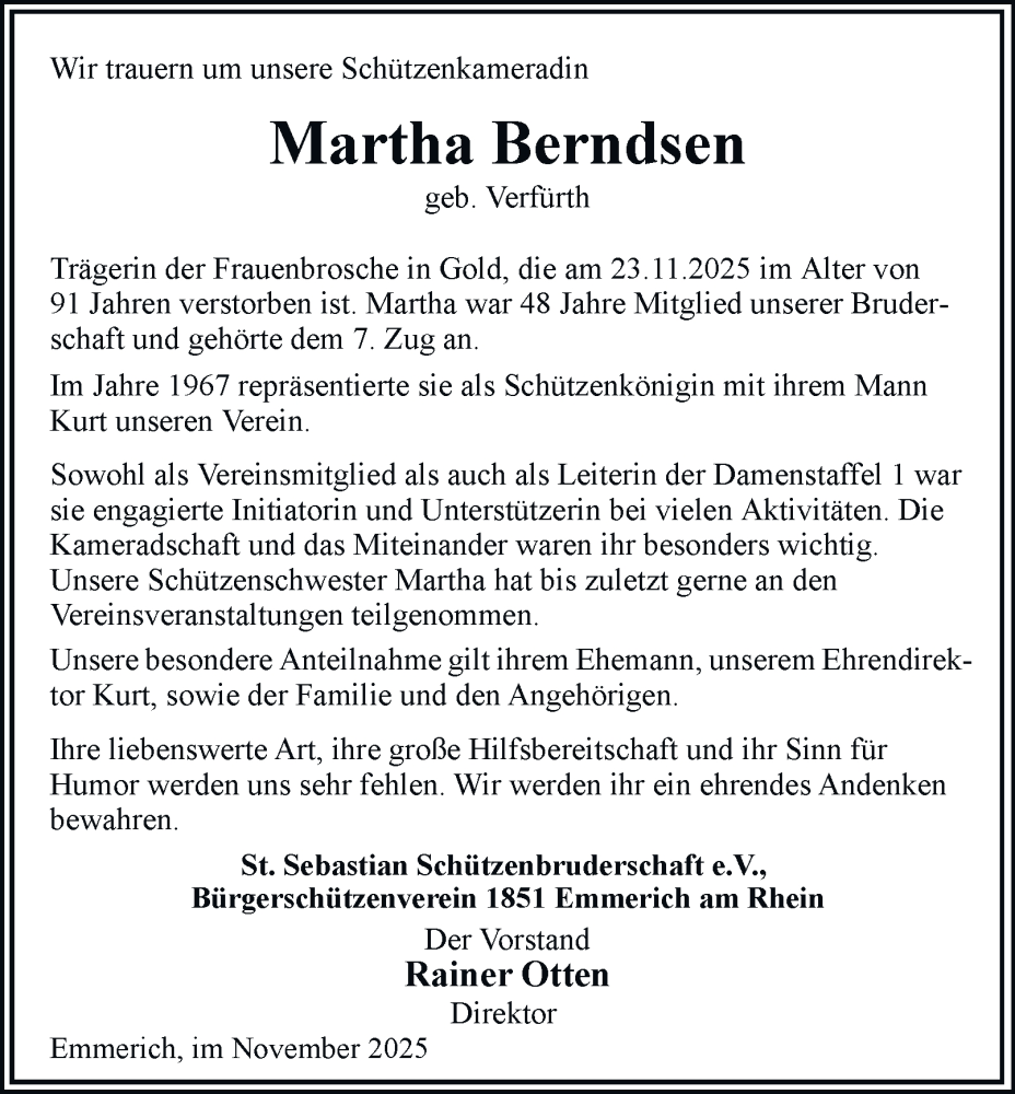  Traueranzeige für Martha Berndsen vom 28.11.2025 aus Tageszeitung