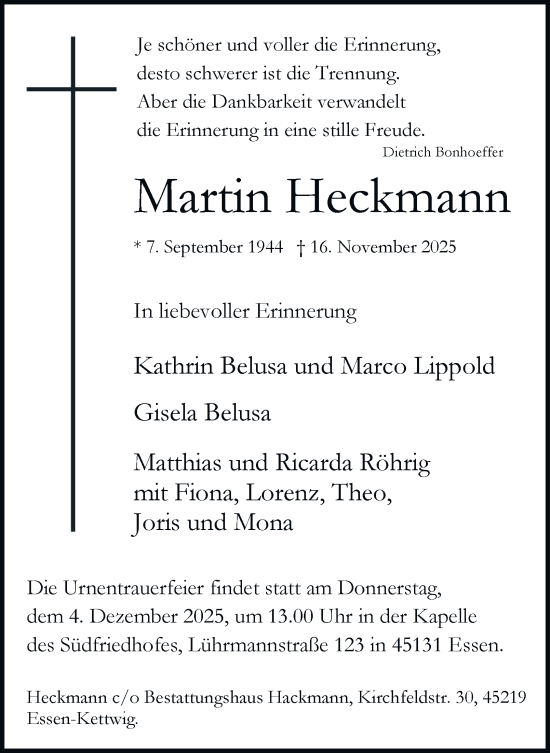 Traueranzeige von Martin Heckmann von Tageszeitung