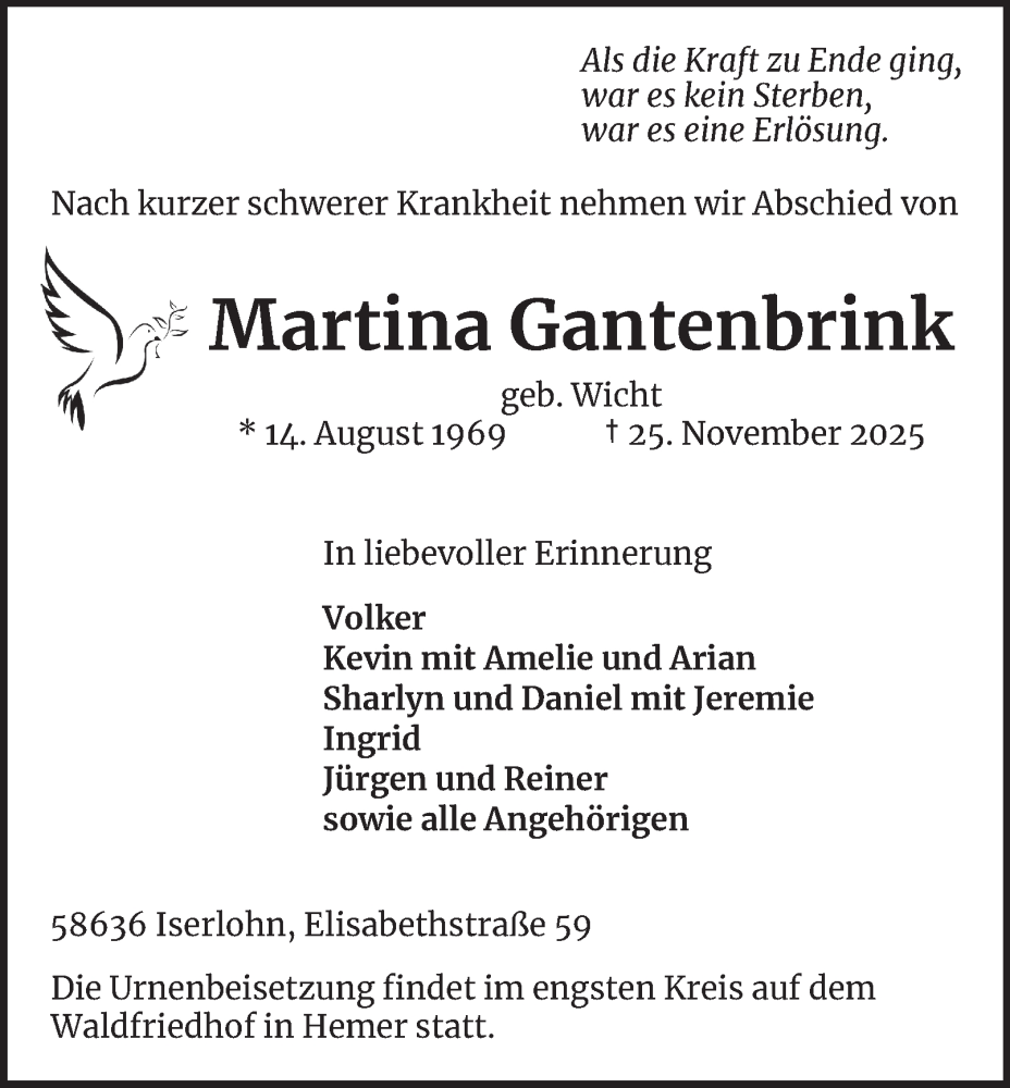  Traueranzeige für Martina Gantenbrink vom 29.11.2025 aus Tageszeitung