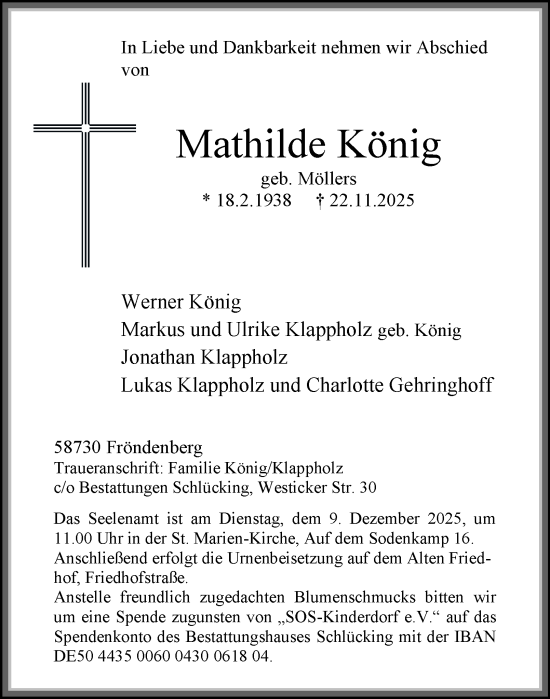 Traueranzeige von Mathilde König von Tageszeitung