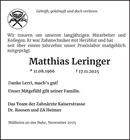 Traueranzeige von Matthias Leringer von Tageszeitung