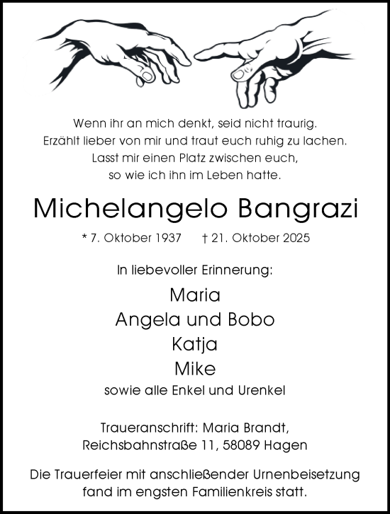 Traueranzeige von Michelangelo Bangrazi von Tageszeitung