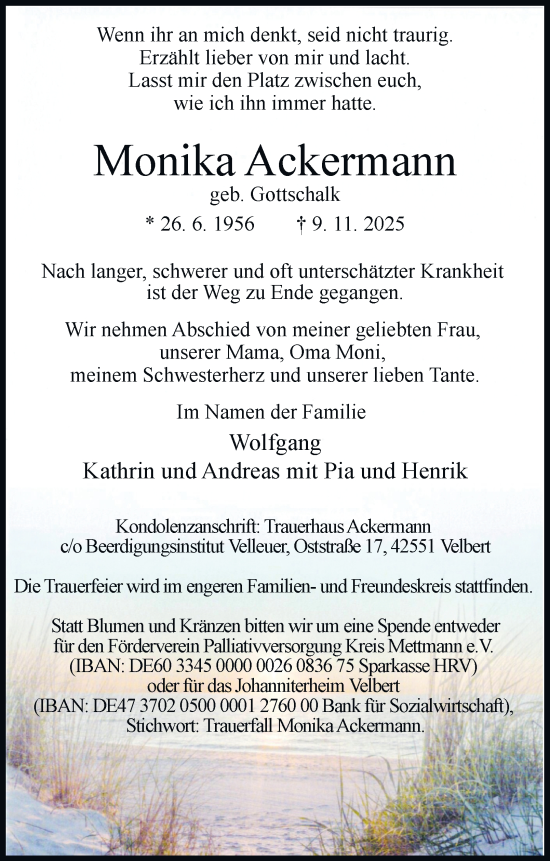 Traueranzeige von Monika Ackermann von Tageszeitung