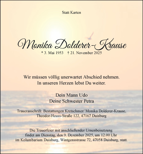 Traueranzeige von Monika Dolderer-Krause von Tageszeitung