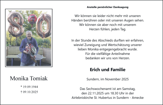 Traueranzeige von Monika Tomiak von Tageszeitung