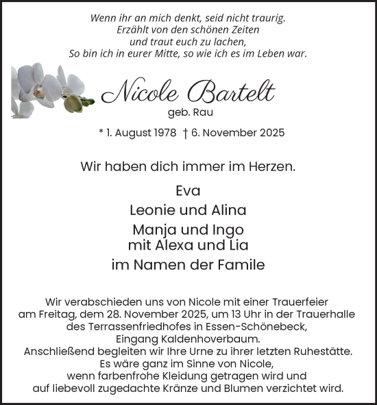 Traueranzeige von Nicole Bartelt von Tageszeitung