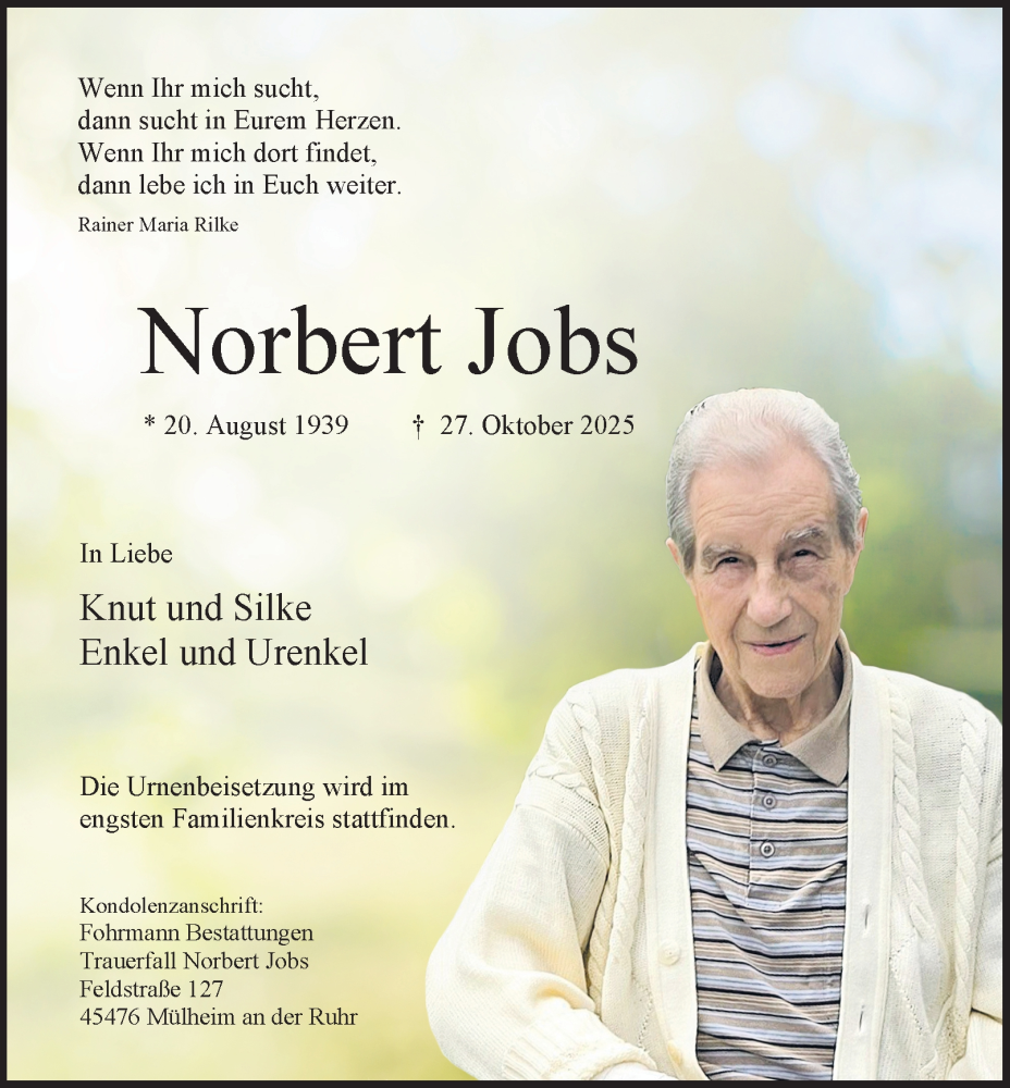  Traueranzeige für Norbert Jobs vom 15.11.2025 aus Tageszeitung