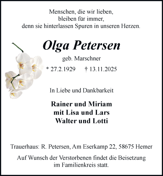 Traueranzeige von Olga Petersen von Tageszeitung