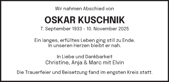 Traueranzeige von Oskar Kuschnik von Tageszeitung