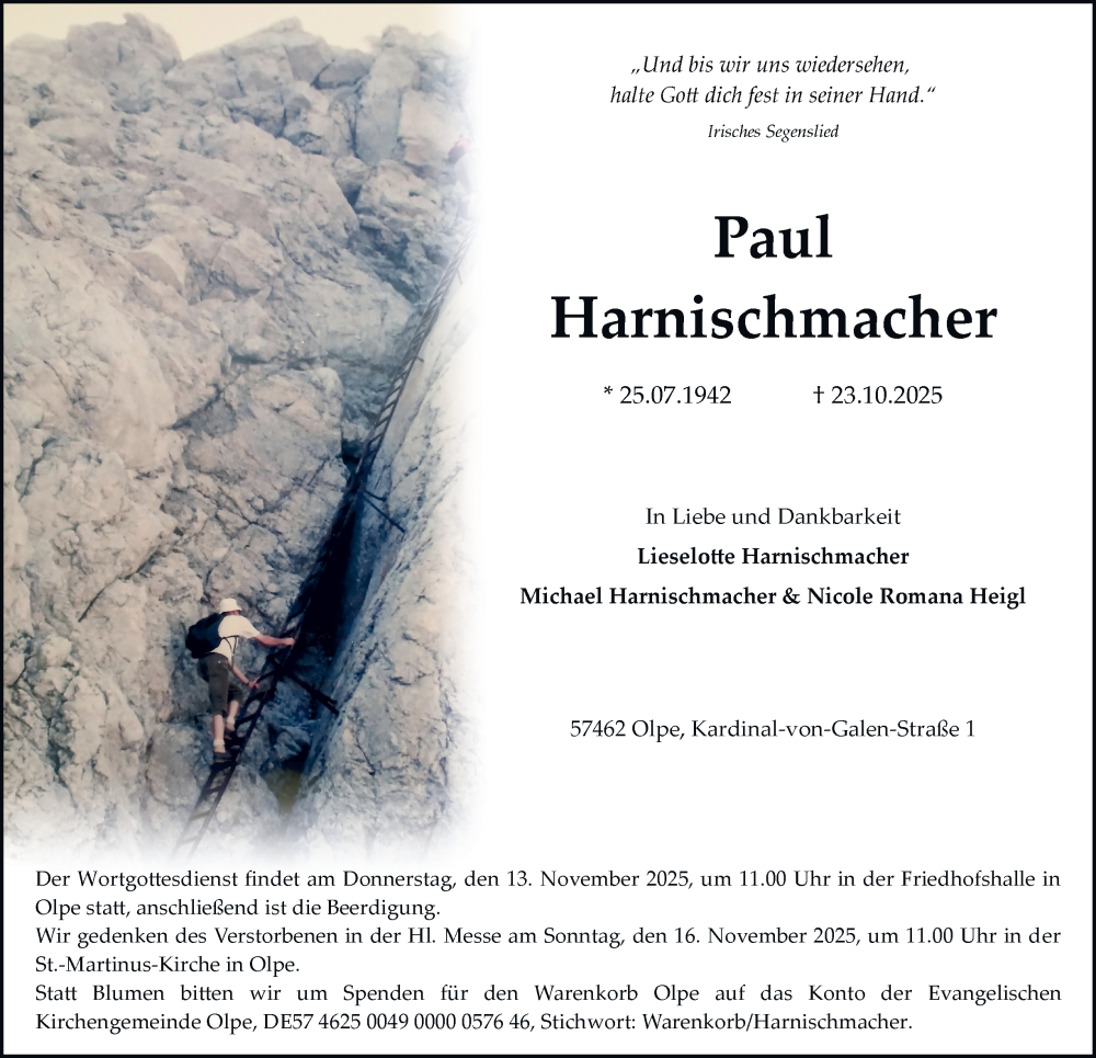  Traueranzeige für Paul Harnischmacher vom 06.11.2025 aus Tageszeitung