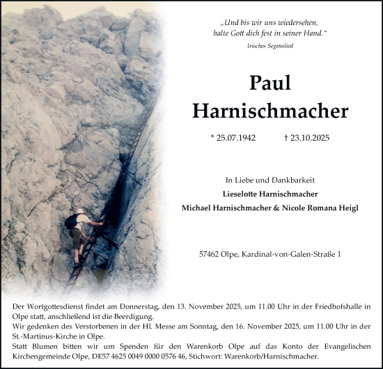 Traueranzeige von Paul Harnischmacher von Tageszeitung