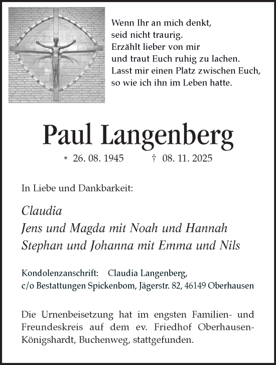 Traueranzeige von Paul Langenberg von Tageszeitung