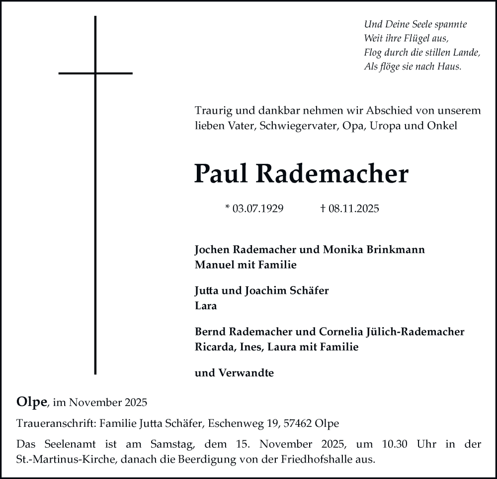  Traueranzeige für Paul Rademacher vom 12.11.2025 aus Tageszeitung