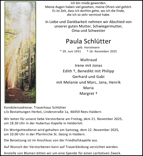 Traueranzeige von Paula Schlütter von Tageszeitung