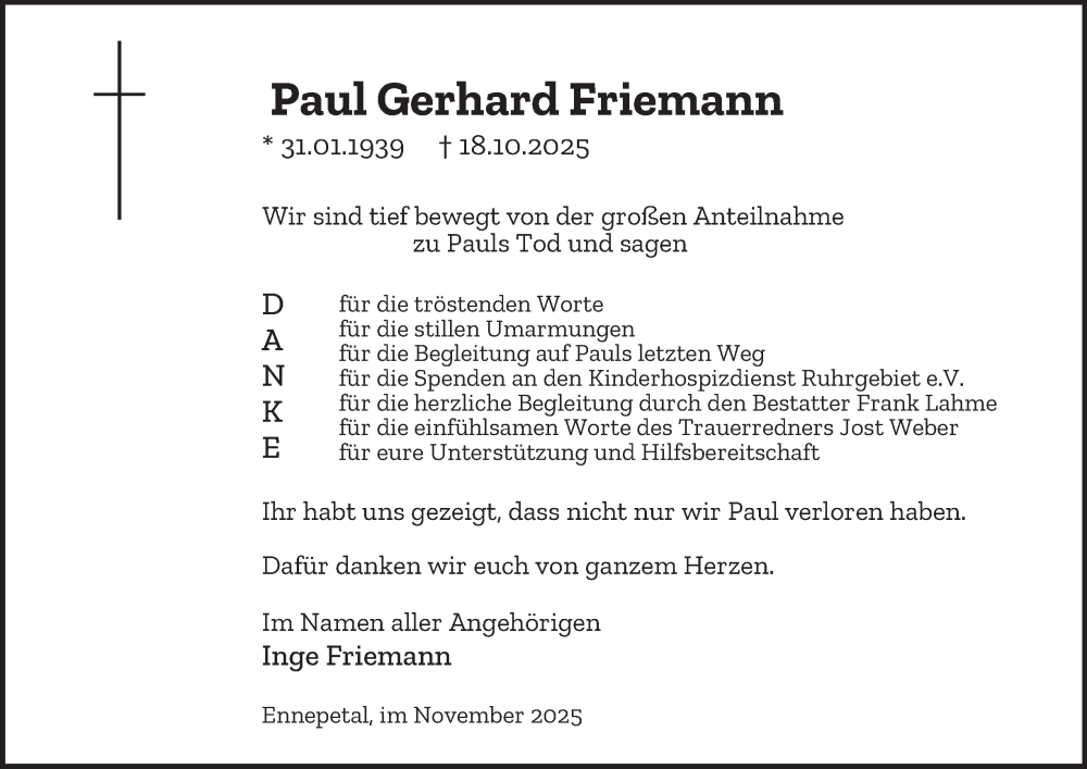  Traueranzeige für Paul Gerhard Friemann vom 29.11.2025 aus Tageszeitung