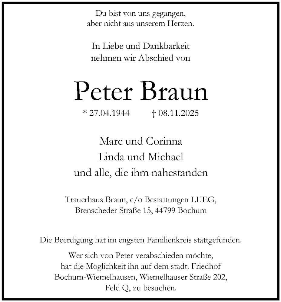  Traueranzeige für Peter Braun vom 22.11.2025 aus Tageszeitung