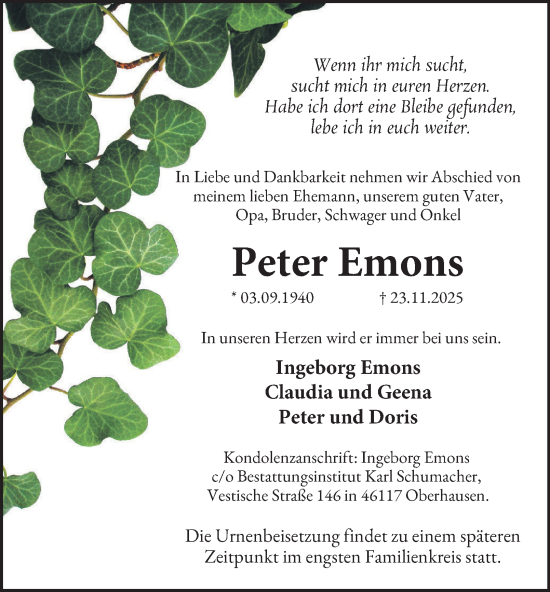 Traueranzeige von Peter Emons von Tageszeitung