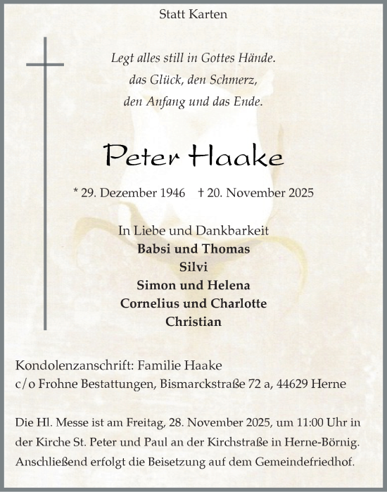 Traueranzeige von Peter Haake von Tageszeitung