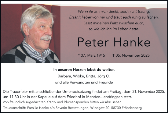Traueranzeige von Peter Hanke von Tageszeitung
