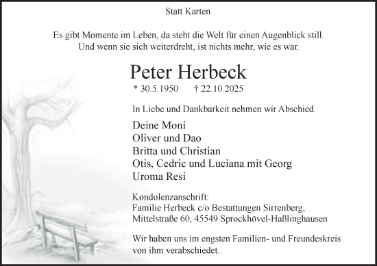 Traueranzeige von Peter Herbeck von Tageszeitung