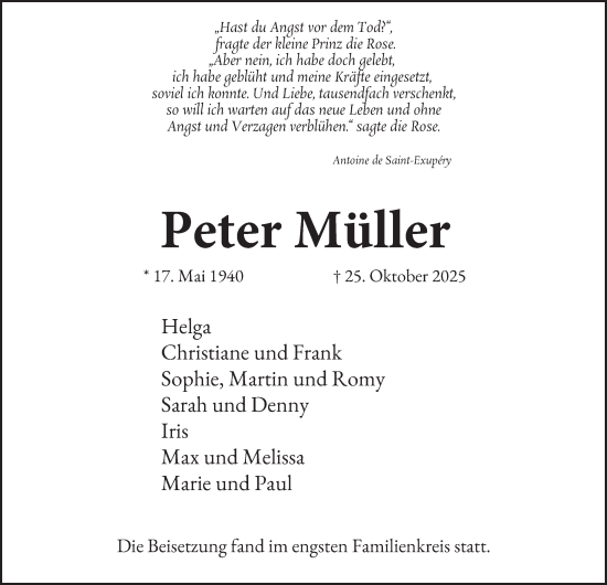 Traueranzeige von Peter Müller von Tageszeitung