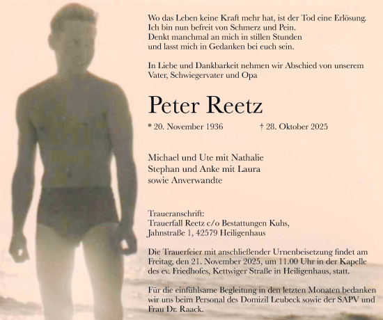 Traueranzeige von Peter Reetz von Tageszeitung