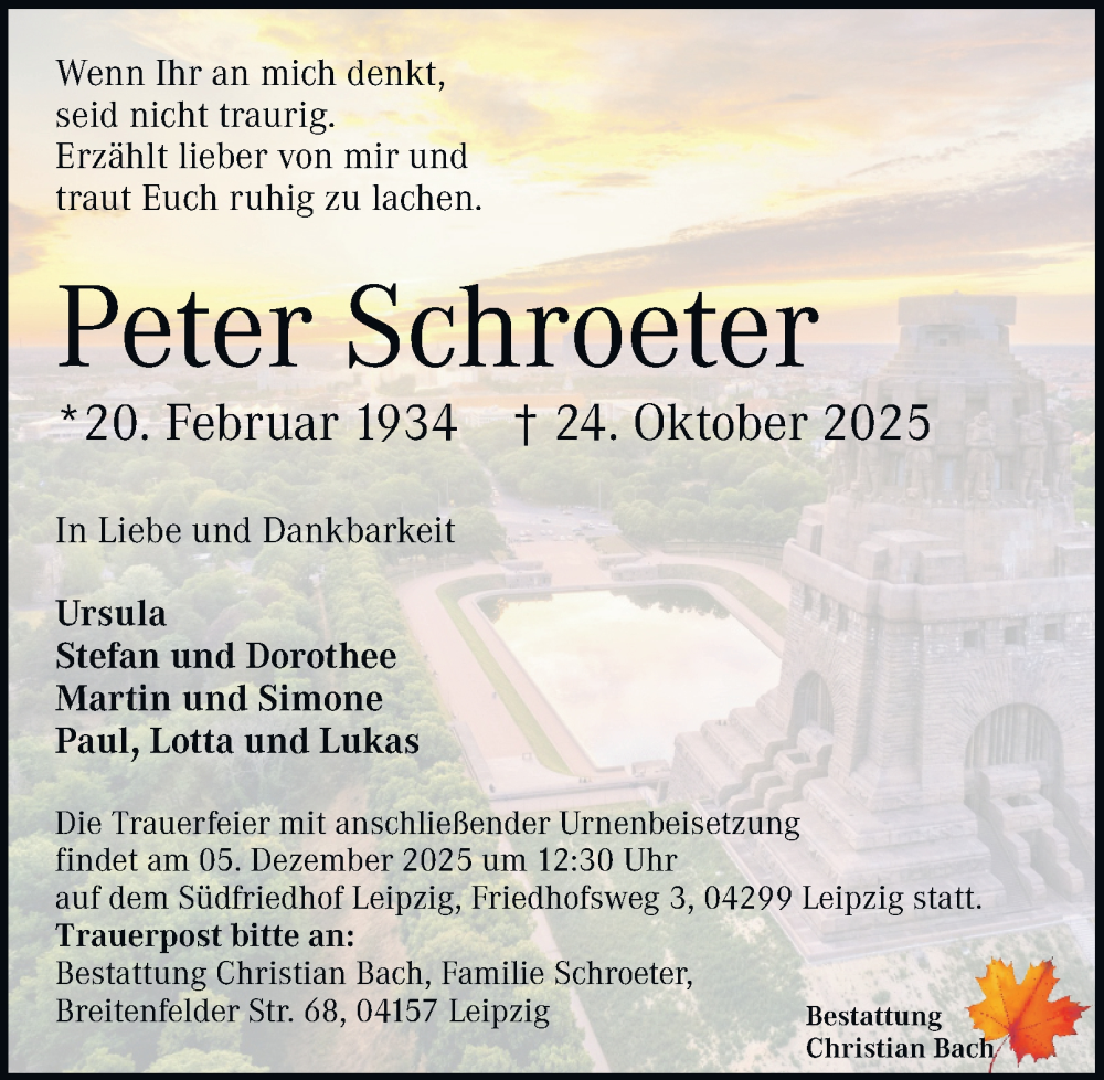  Traueranzeige für Peter Schroeter vom 15.11.2025 aus Tageszeitung