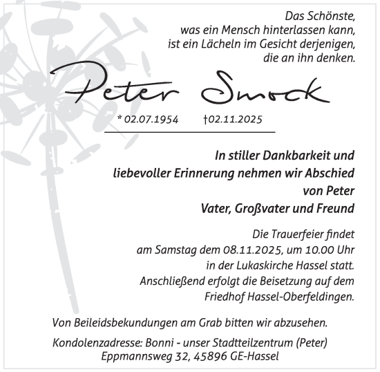 Traueranzeige von Peter Smock von Tageszeitung