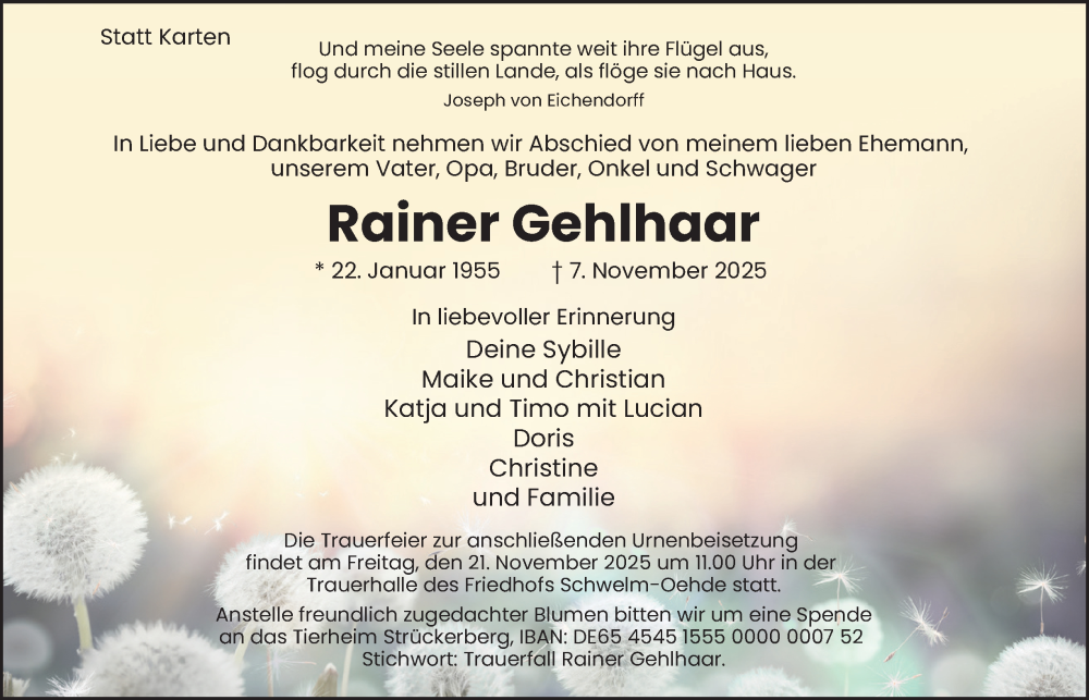  Traueranzeige für Rainer Gehlhaar vom 15.11.2025 aus Tageszeitung