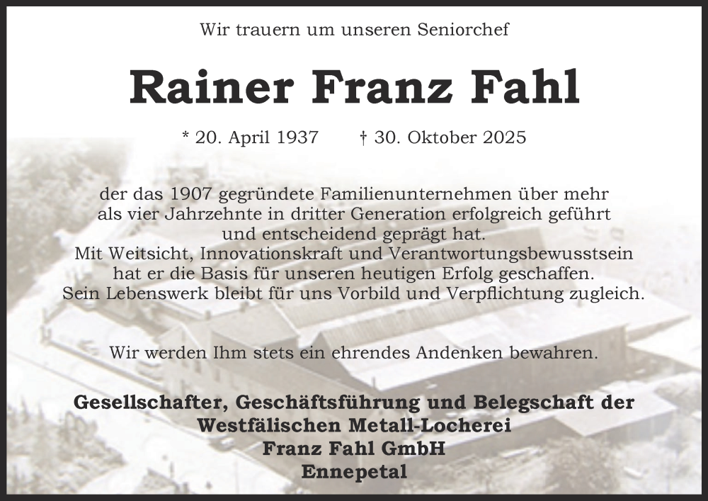  Traueranzeige für Rainer Franz Fahl vom 15.11.2025 aus Tageszeitung
