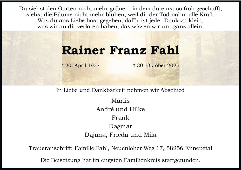 Traueranzeige für Rainer Franz Fahl vom 15.11.2025 aus Tageszeitung