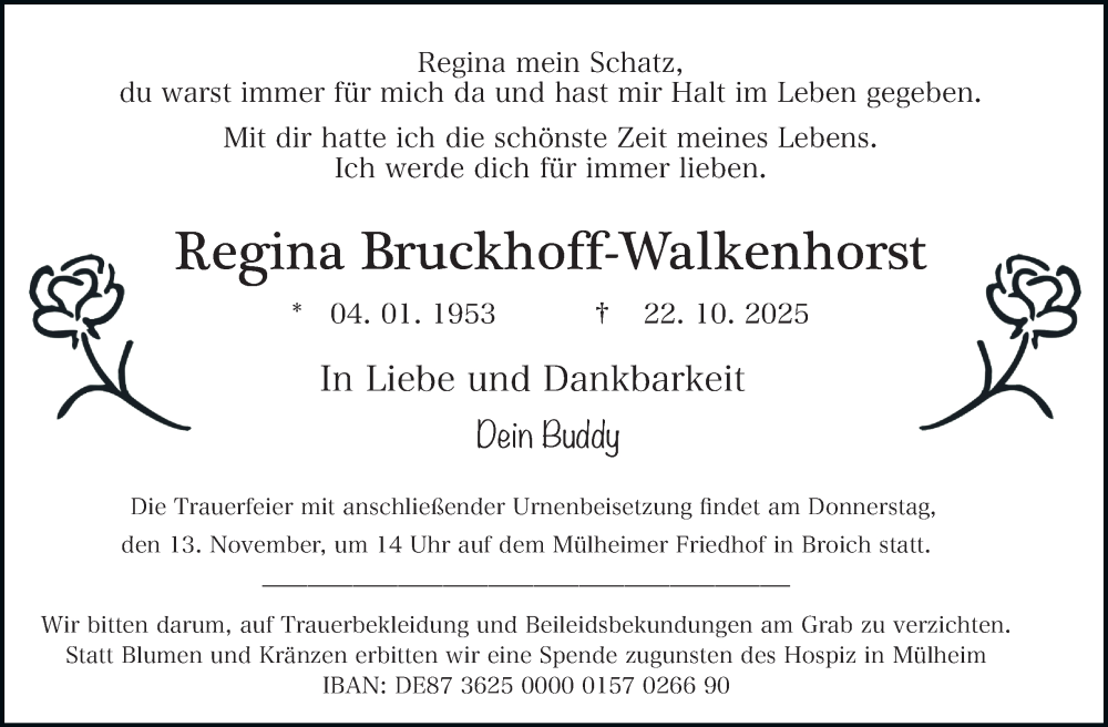  Traueranzeige für Regina Bruckhoff-Walkenhorst vom 08.11.2025 aus Tageszeitung