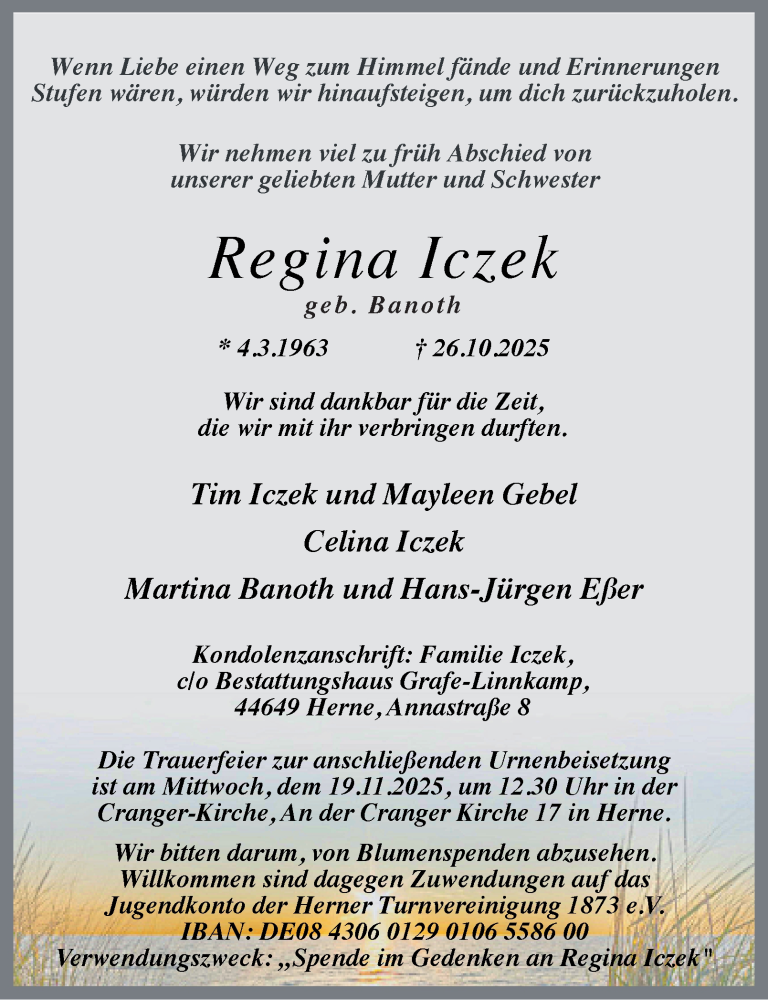  Traueranzeige für Regina Iczek vom 08.11.2025 aus Tageszeitung