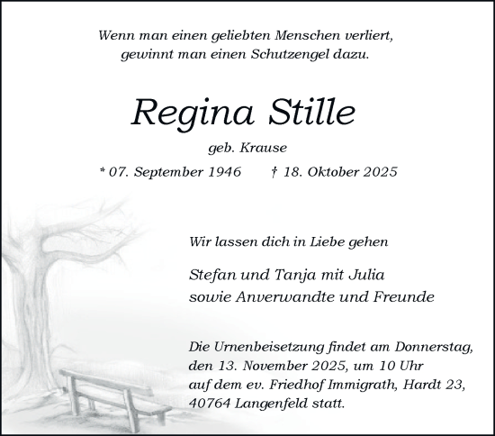 Traueranzeige von Regina Stille von Tageszeitung