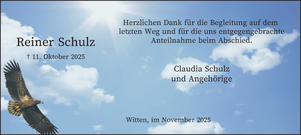  Traueranzeige für Reiner Schulz vom 15.11.2025 aus Tageszeitung