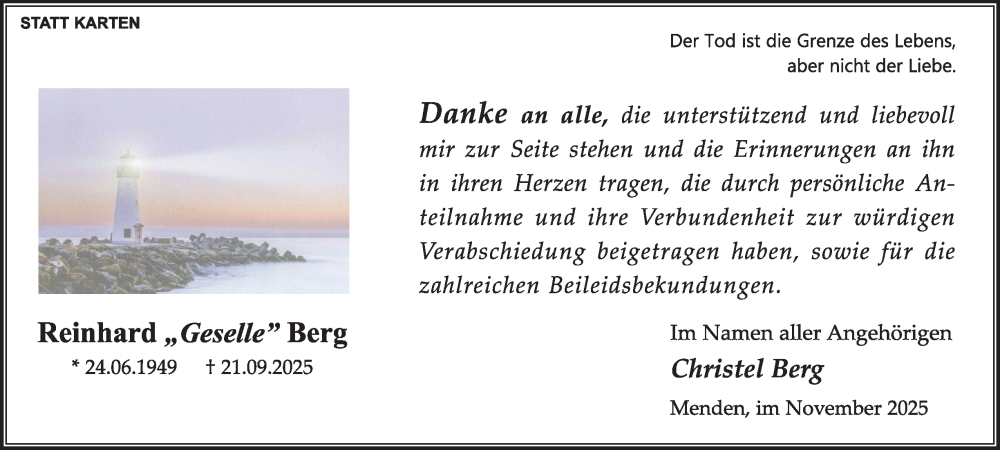  Traueranzeige für Reinhard Berg vom 08.11.2025 aus Tageszeitung