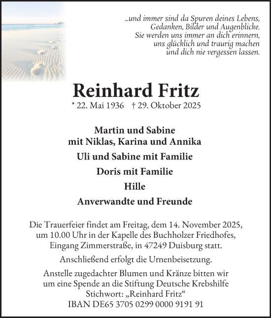 Traueranzeige von Reinhard Fritz von Tageszeitung