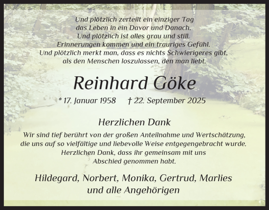 Traueranzeige von Reinhard Göke von Tageszeitung