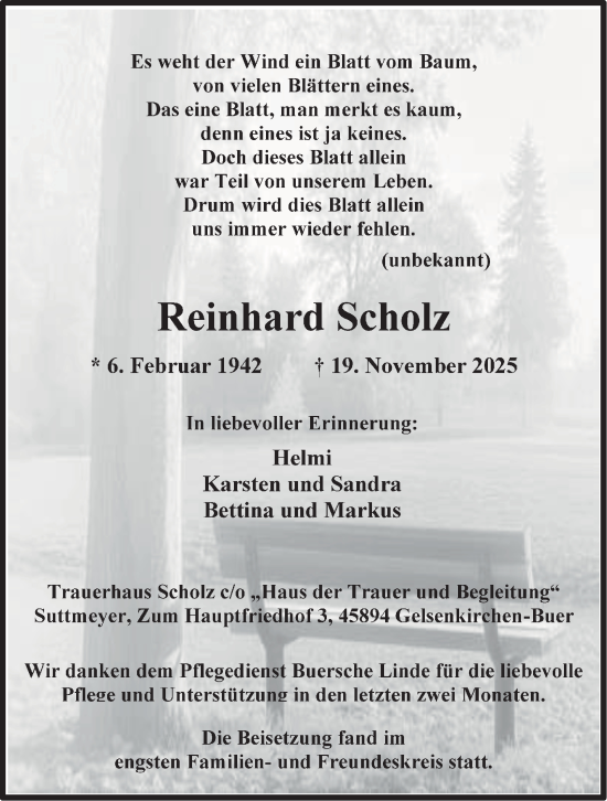 Traueranzeige von Reinhard Scholz von Tageszeitung
