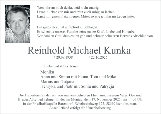 Traueranzeige von Reinhold Michael Kunka von Tageszeitung
