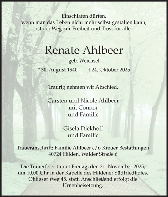 Traueranzeige von Renate Ahlbeer von Tageszeitung