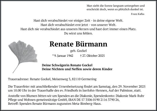 Traueranzeige von Renate Bürmann von Tageszeitung