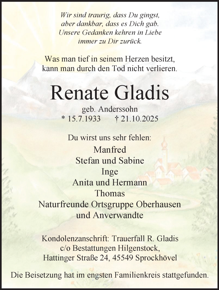  Traueranzeige für Renate Gladis vom 15.11.2025 aus Tageszeitung