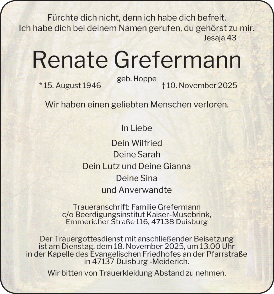 Traueranzeige von Renate Grefermann von Tageszeitung