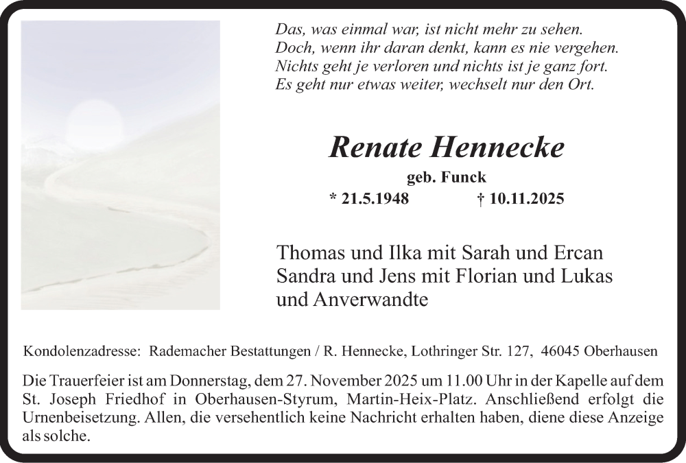  Traueranzeige für Renate Hennecke vom 22.11.2025 aus Tageszeitung