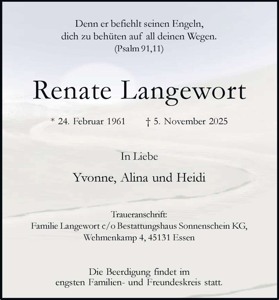  Traueranzeige für Renate Langewort vom 15.11.2025 aus Tageszeitung
