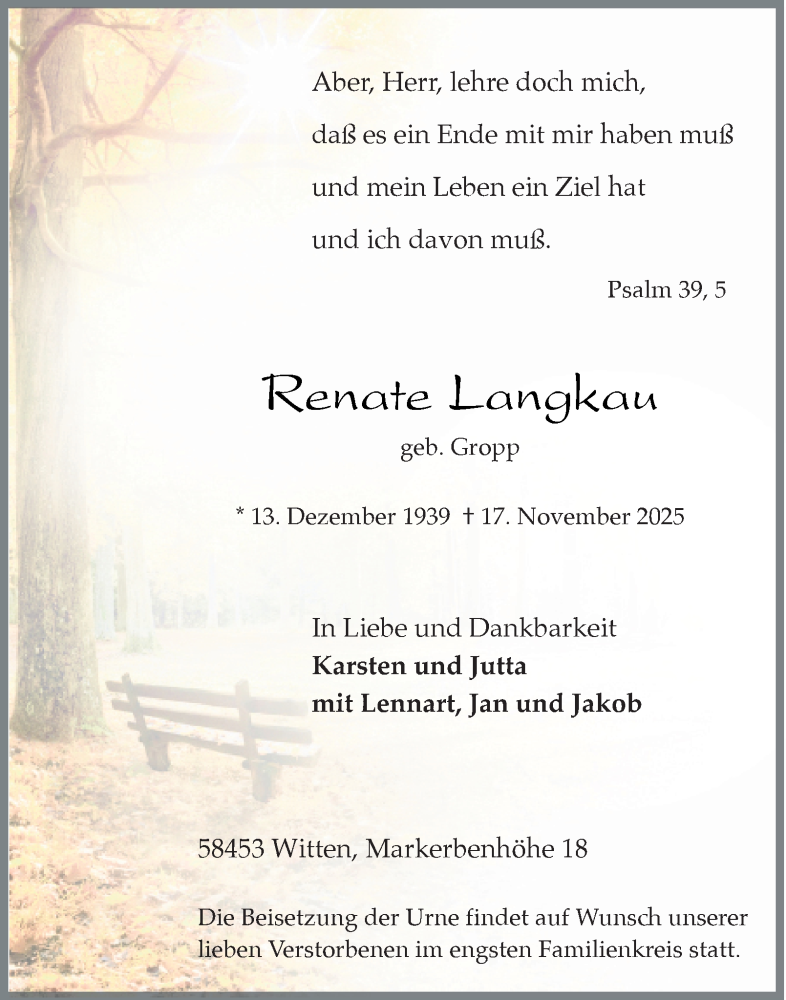  Traueranzeige für Renate Langkau vom 22.11.2025 aus Tageszeitung