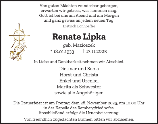 Traueranzeige von Renate Lipka von Tageszeitung