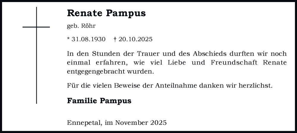  Traueranzeige für Renate Pampus vom 29.11.2025 aus Tageszeitung